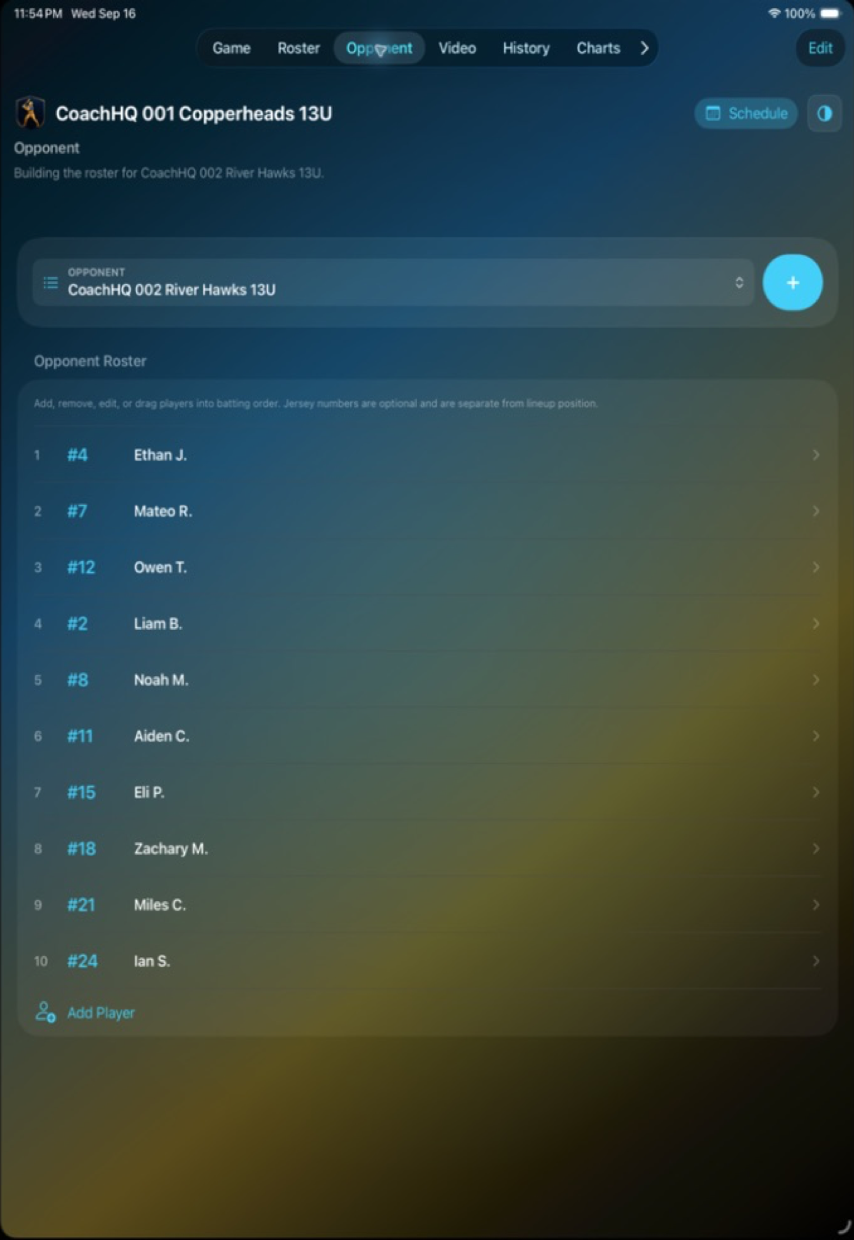 CoachHQ Batter iPad opponent screen showing an opponent roster and pitcher scouting status