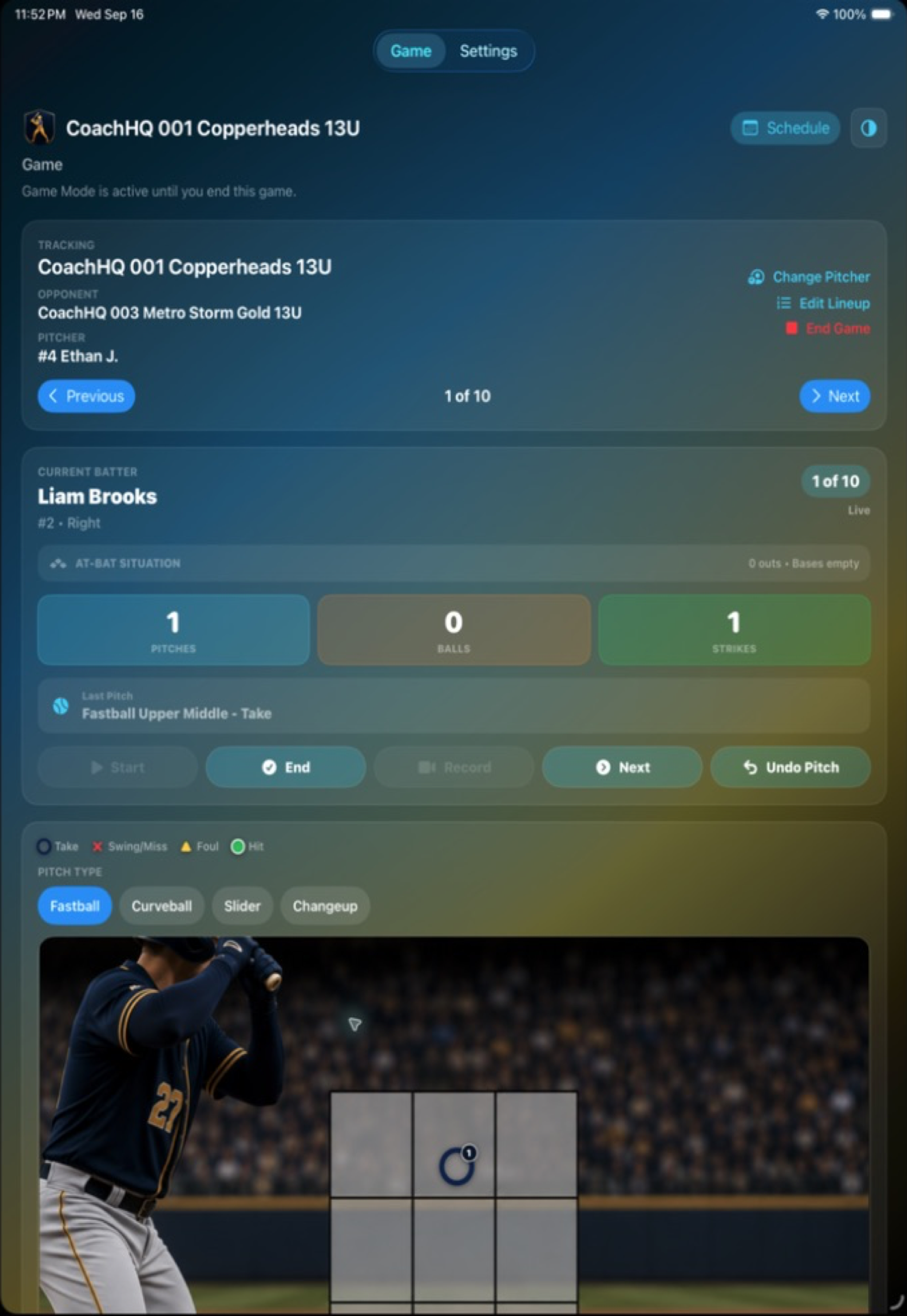 CoachHQ Batter iPad live game screen showing a recorded fastball on the nine-zone pitch chart