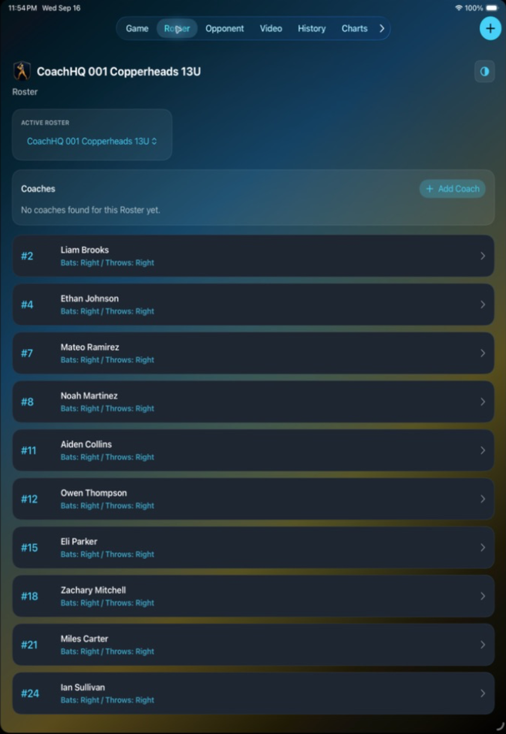 CoachHQ Batter iPad roster screen showing a team roster and player cards
