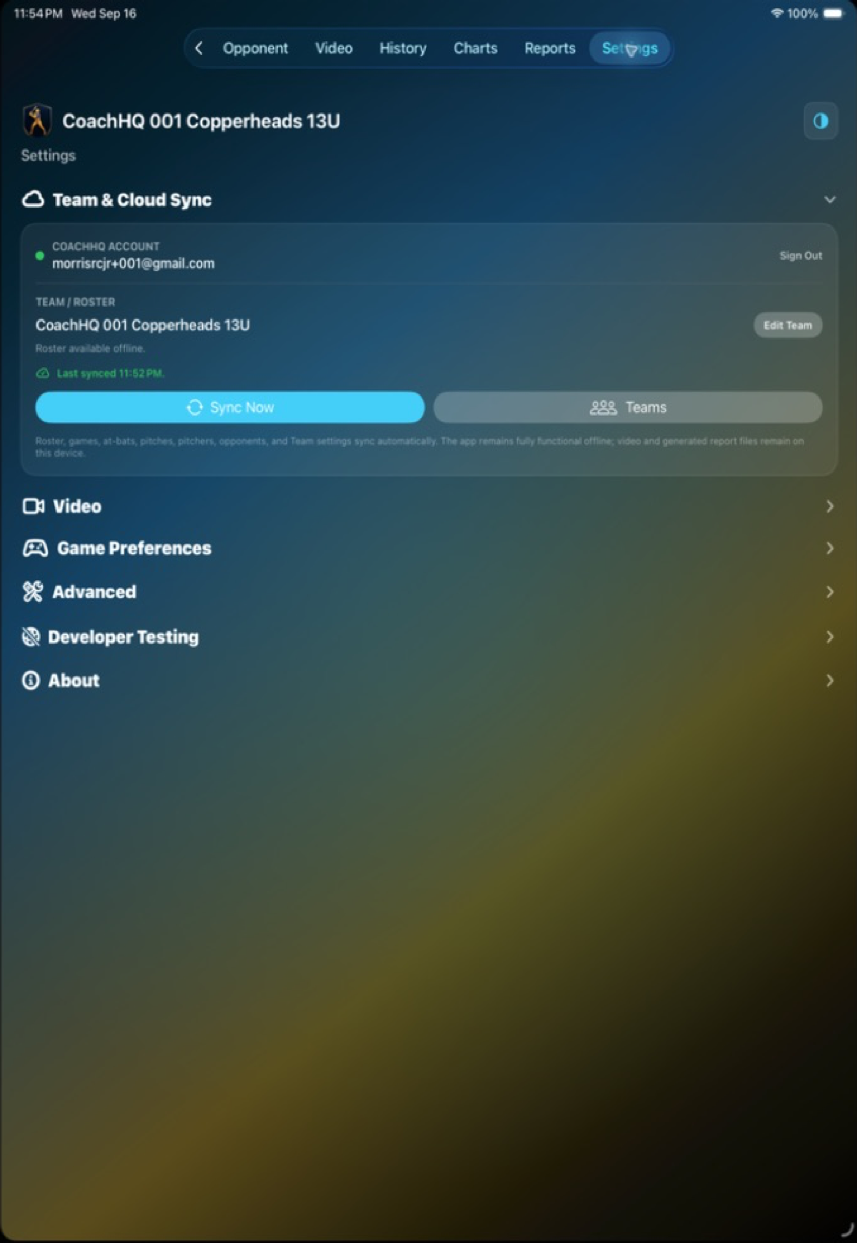 CoachHQ Batter iPad settings screen showing Team and Cloud Sync, offline roster access, video, and game preferences
