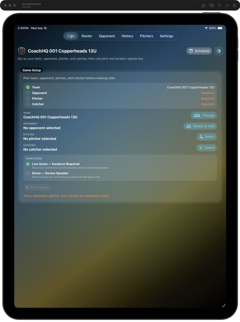 CoachHQ CatcherCom iPad Calls screen showing game setup, live game audio, and required team roles