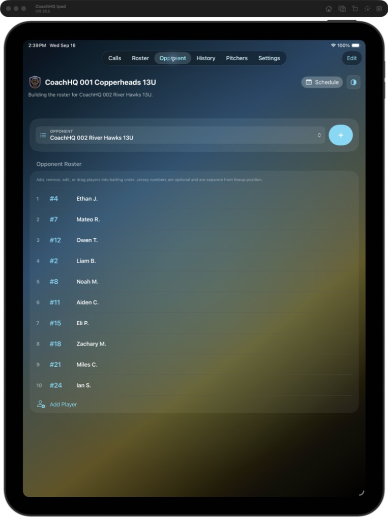 CoachHQ CatcherCom iPad opponent roster screen showing CoachHQ 002 River Hawks 13U and its batting order