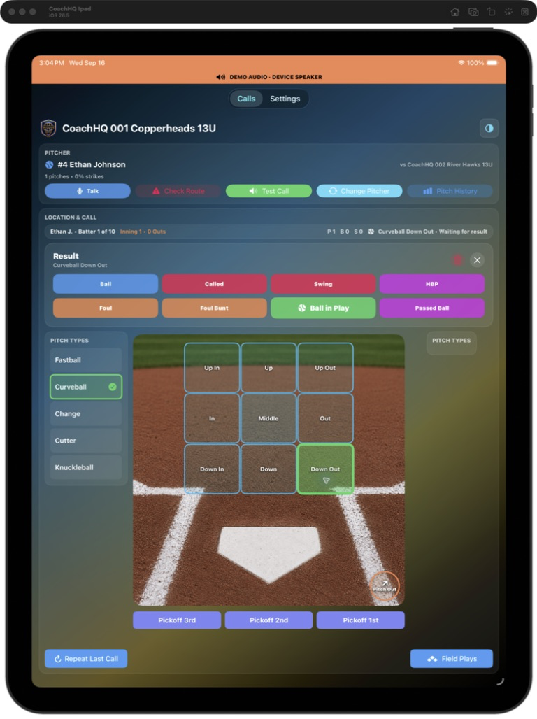 CoachHQ CatcherCom iPad pitch-call screen showing the pitch menu, nine-zone location grid, Curveball Down Out call, and live count