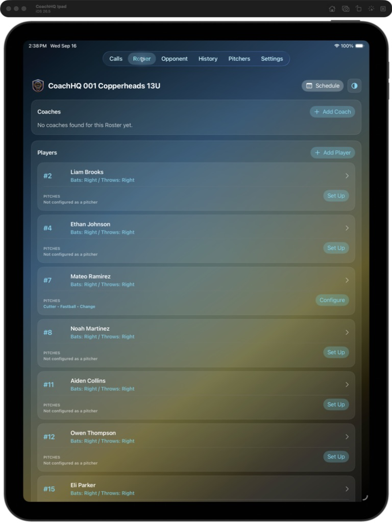 CoachHQ CatcherCom iPad roster screen showing cached team, coach, and player information
