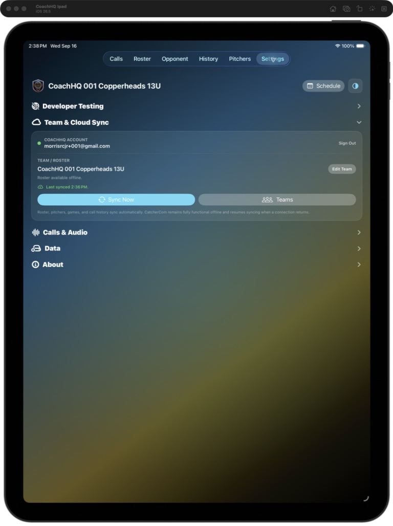 CoachHQ CatcherCom iPad Settings screen showing Team and Cloud Sync and Calls and Audio sections