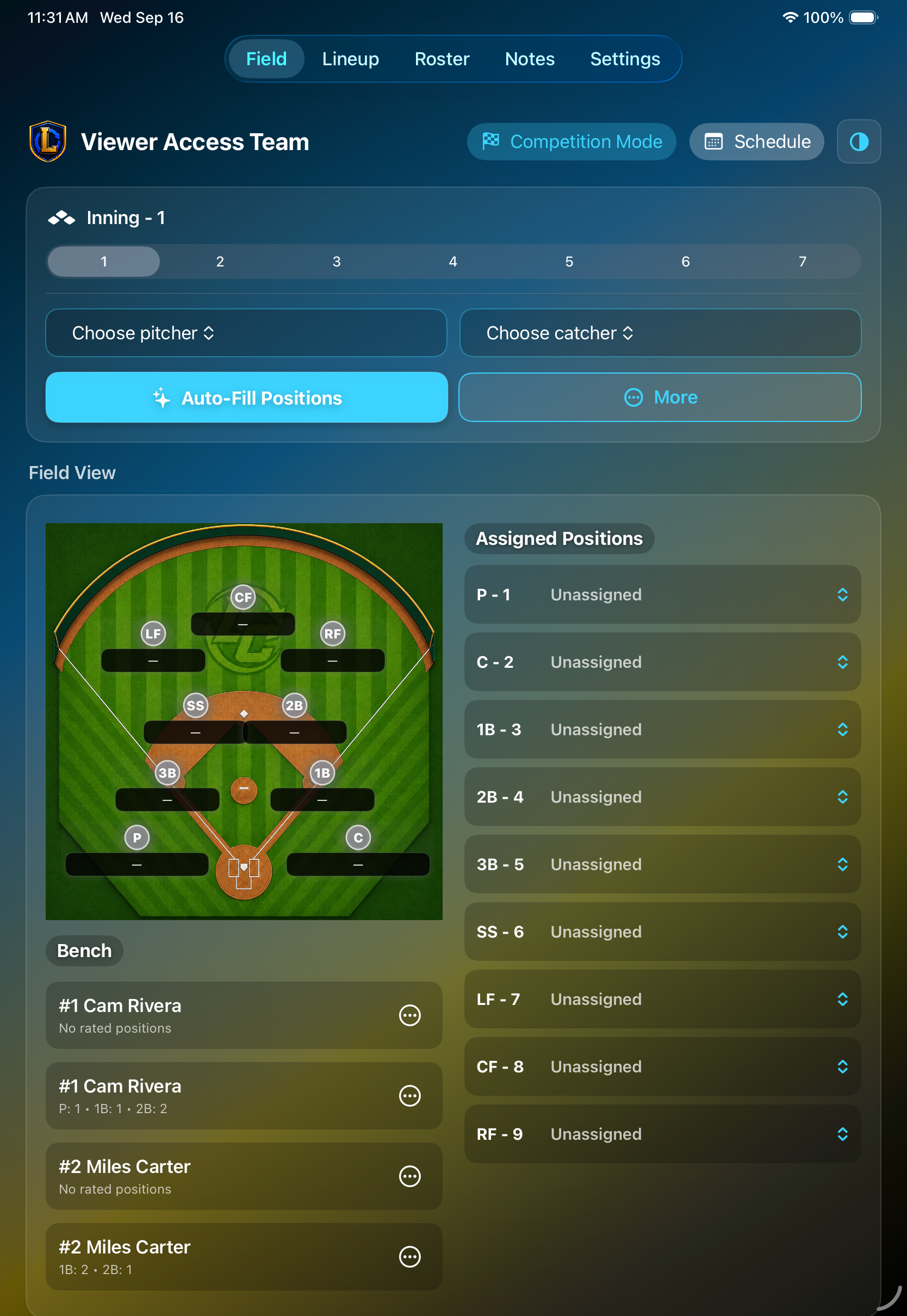 CoachHQ Lineup Changer Field screen showing inning controls, pitcher and catcher choices, a baseball diamond, and assigned positions