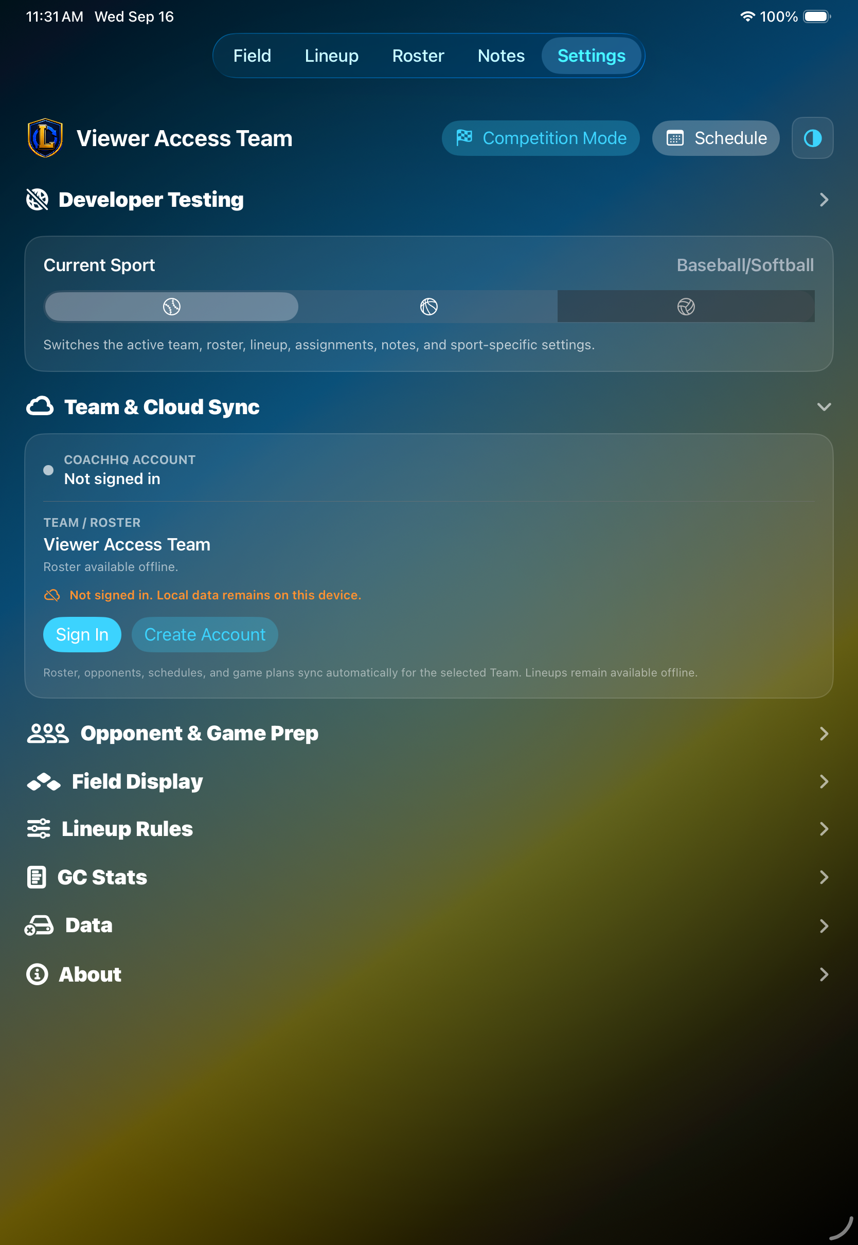 CoachHQ Lineup Changer Settings screen showing sport selection, Team and Cloud Sync, game preparation, lineup rules, and data controls