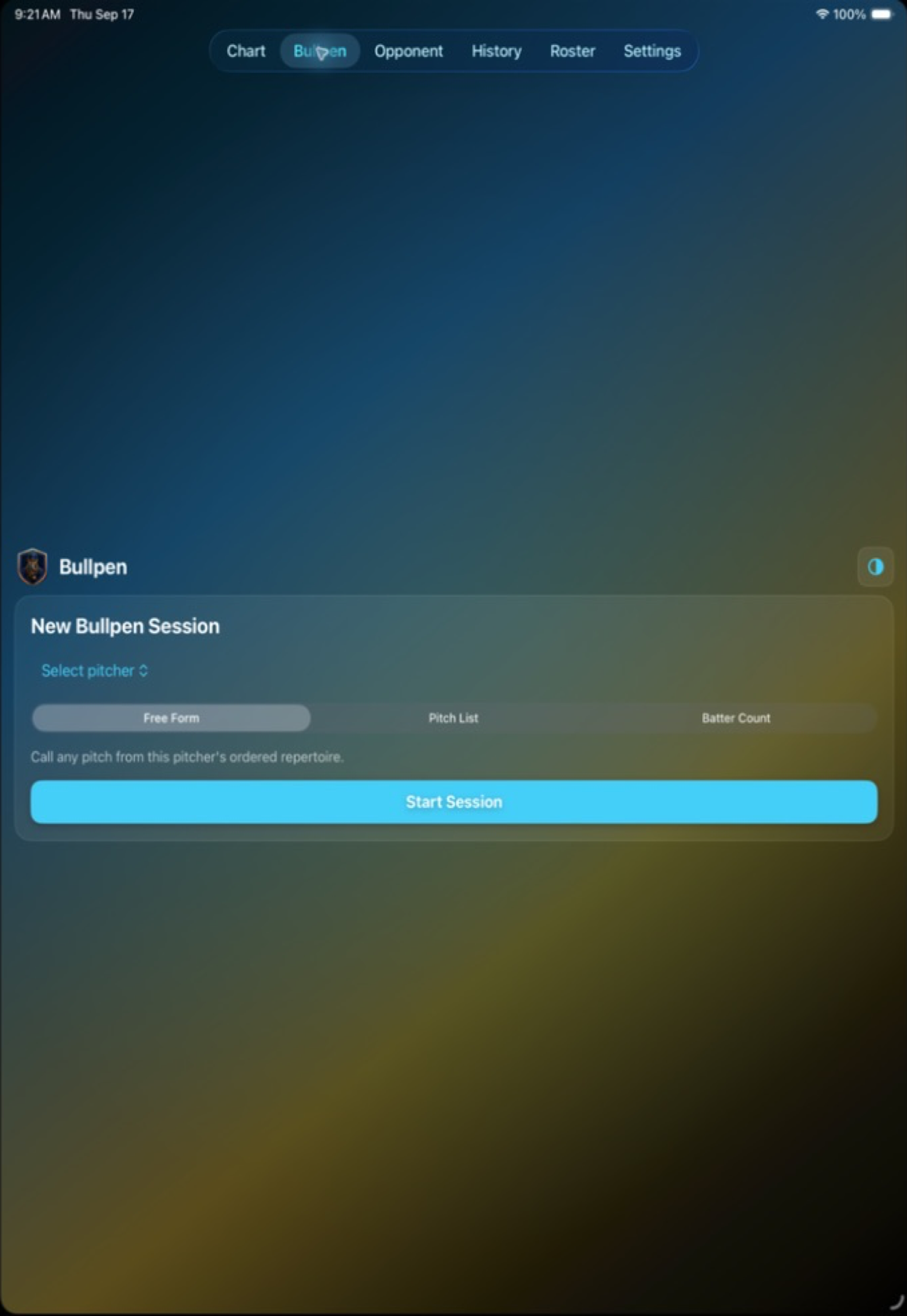 CoachHQ Pitcher iPad bullpen workspace for selecting a pitch and target