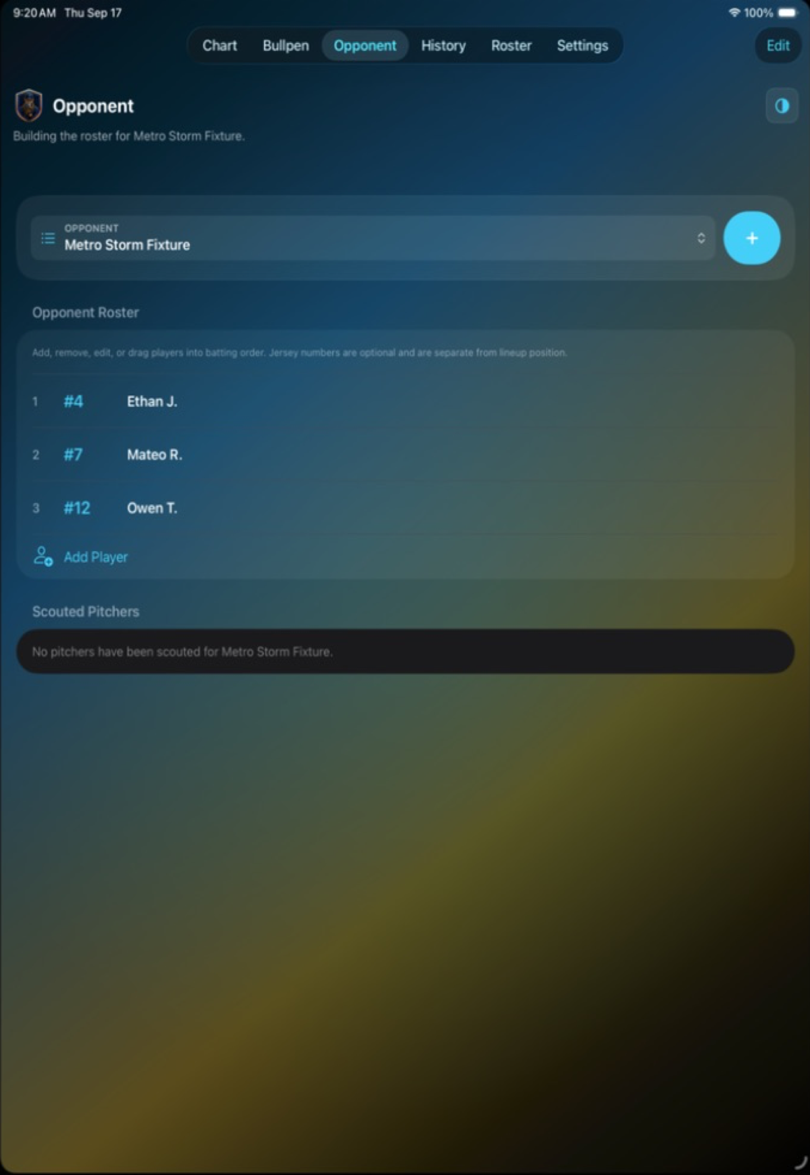 CoachHQ Pitcher iPad opponent screen showing a populated opposing roster