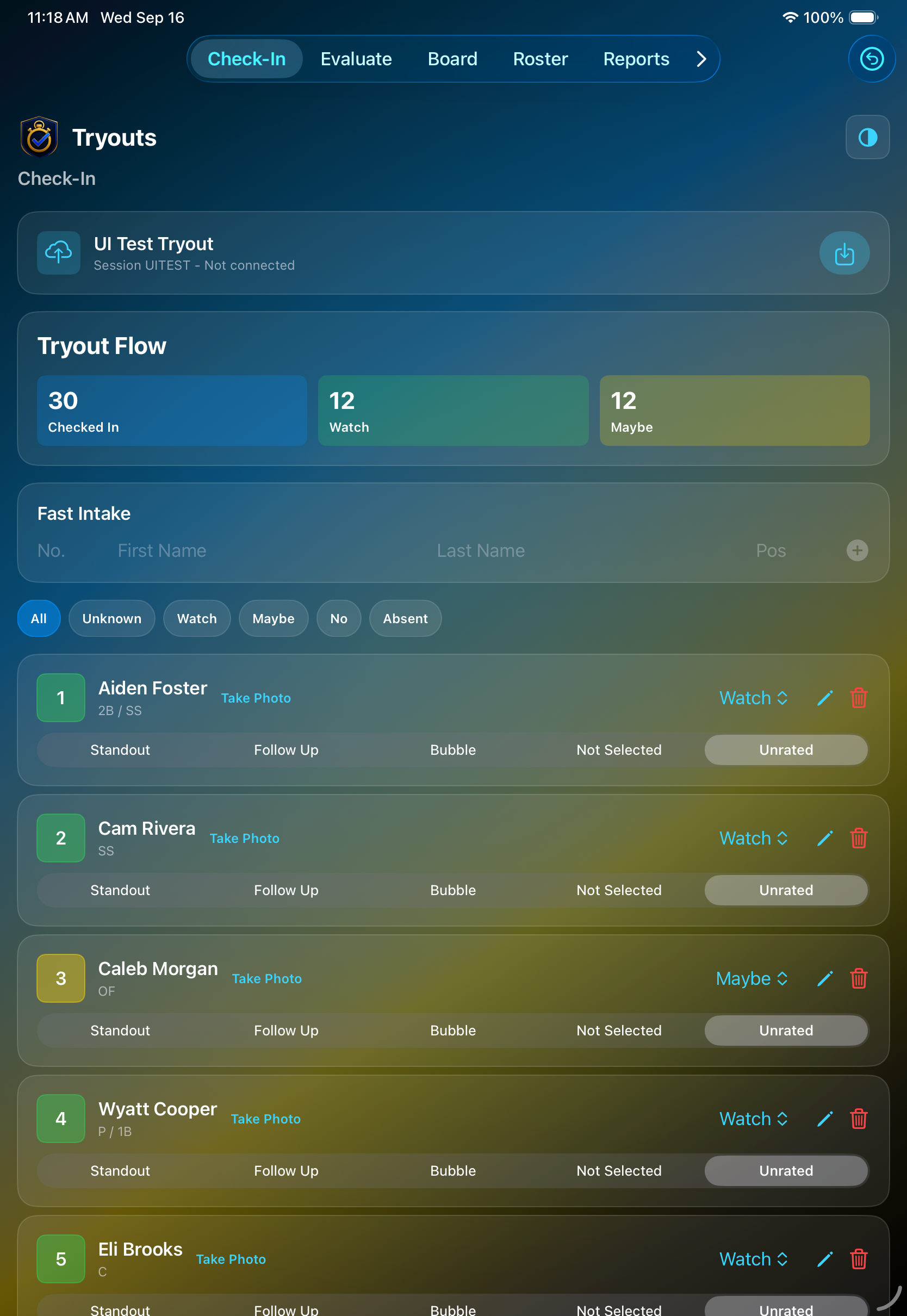 CoachHQ Tryouts Decision Board screen showing player selection lanes and statuses