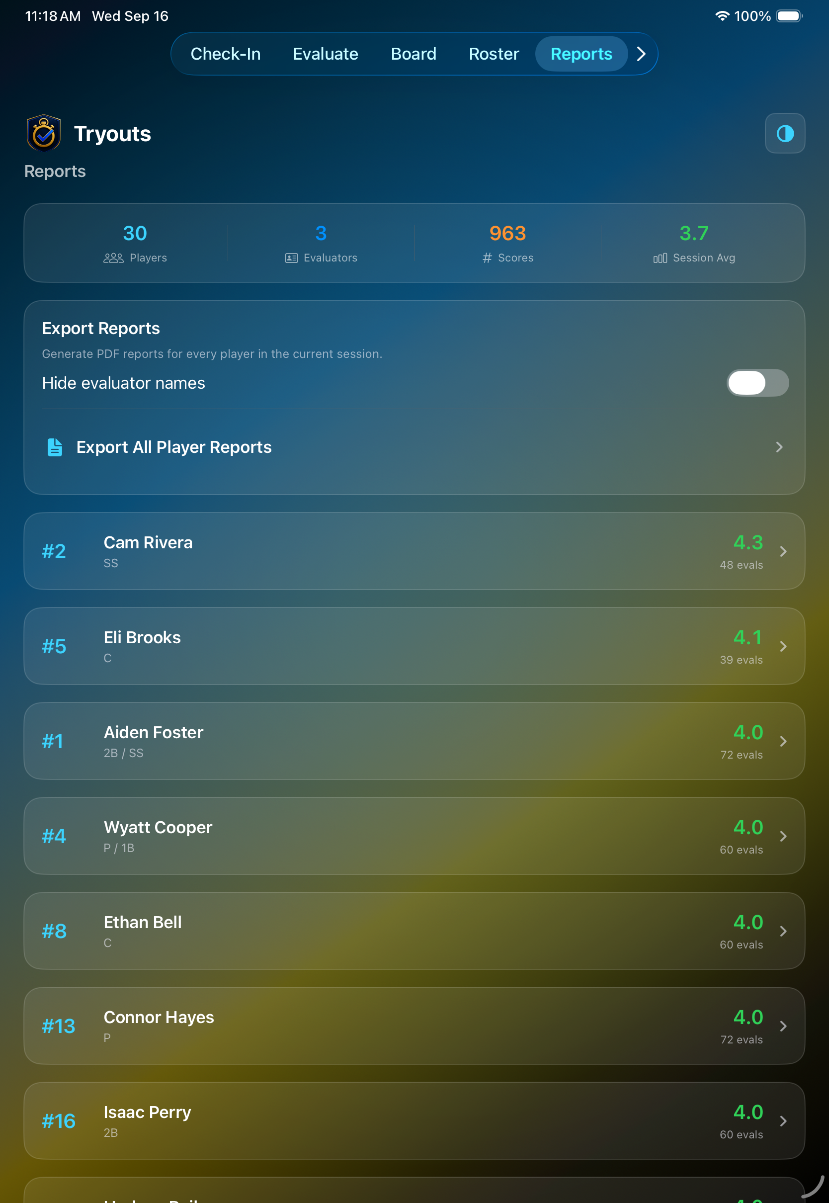 CoachHQ Tryouts Reports screen showing player totals, evaluators, scores, and export controls