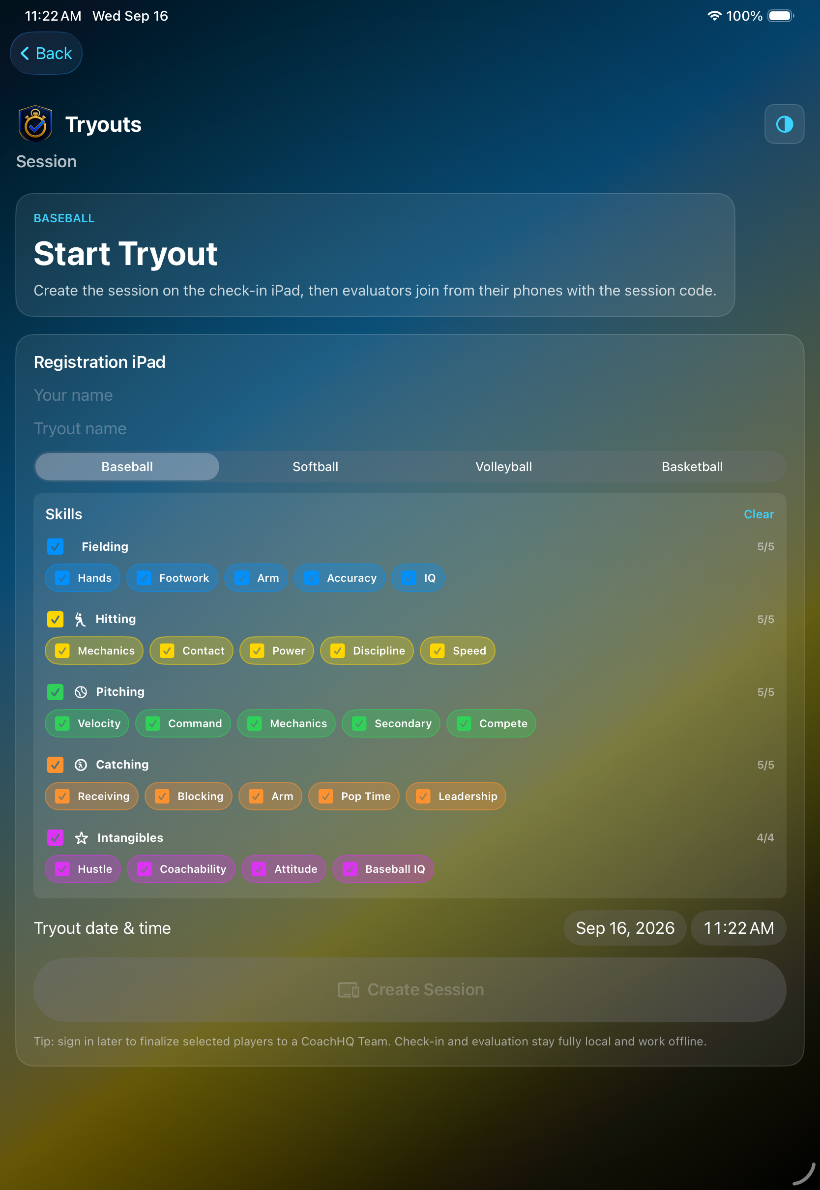 CoachHQ Tryouts Session setup screen showing sport choices and selectable evaluation skills