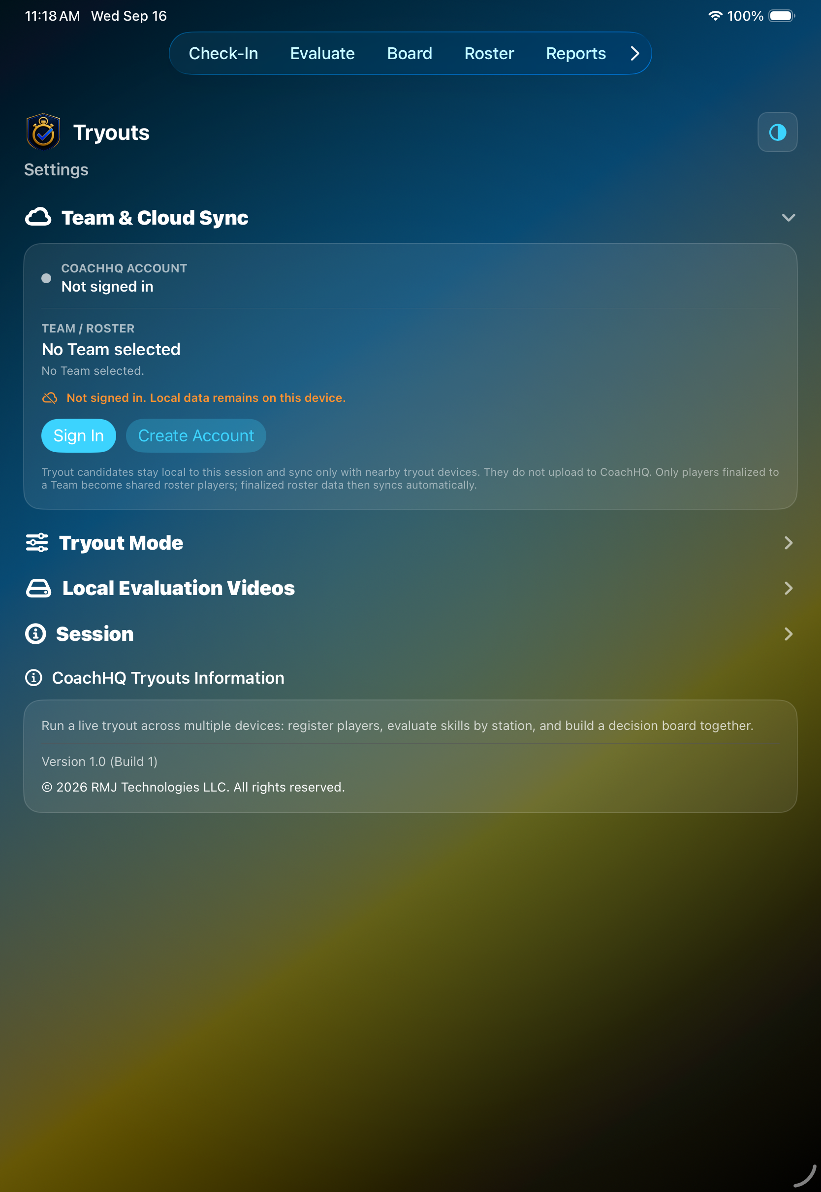 CoachHQ Tryouts Settings screen showing session and app controls
